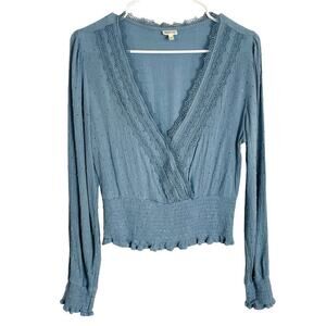 Selfie Boho Crop Top Blouse Womens L Blue‎ Swiss Dot Lace Wrap V Neck Smocked